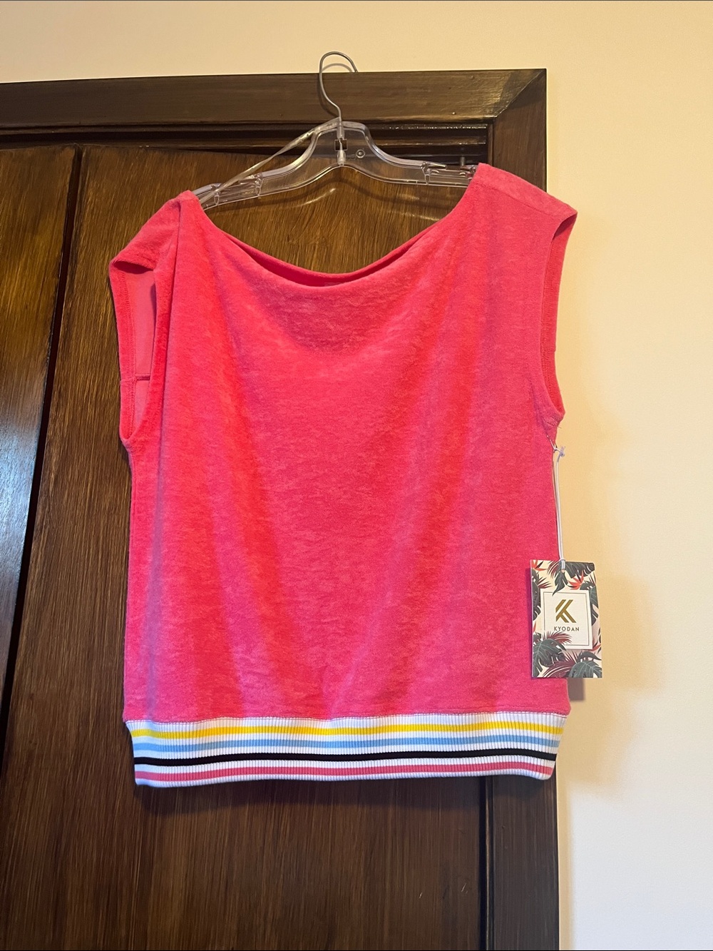 Kyodan Hot Pink Sleeveless Terrycloth Top with Multicolor Striped Hem